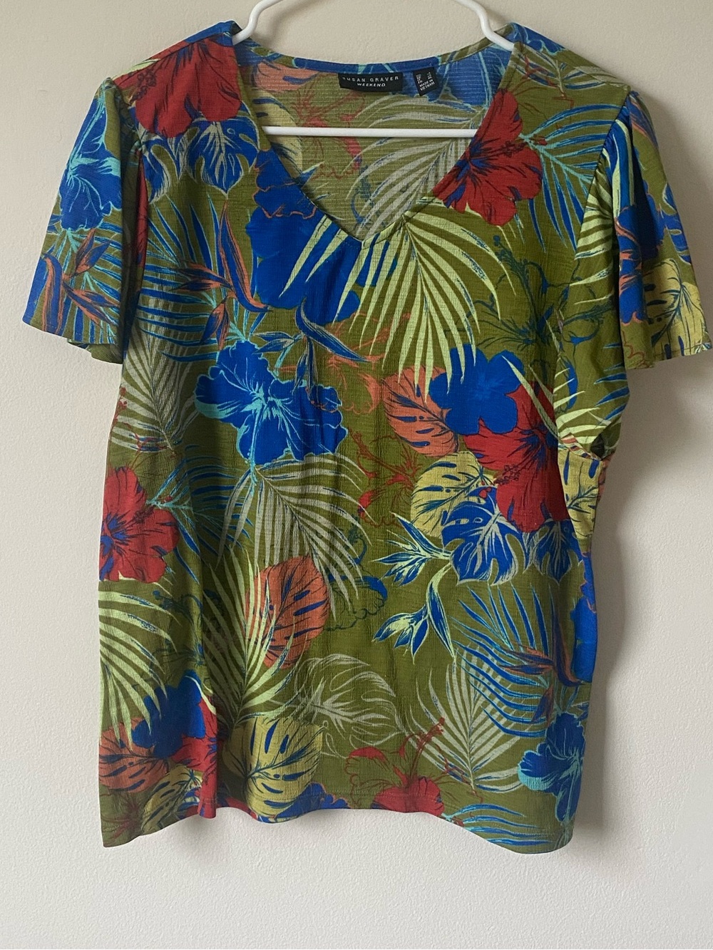 Susan Graver Olive Tropical V-Neck Top with Blue & Red Floral Accents